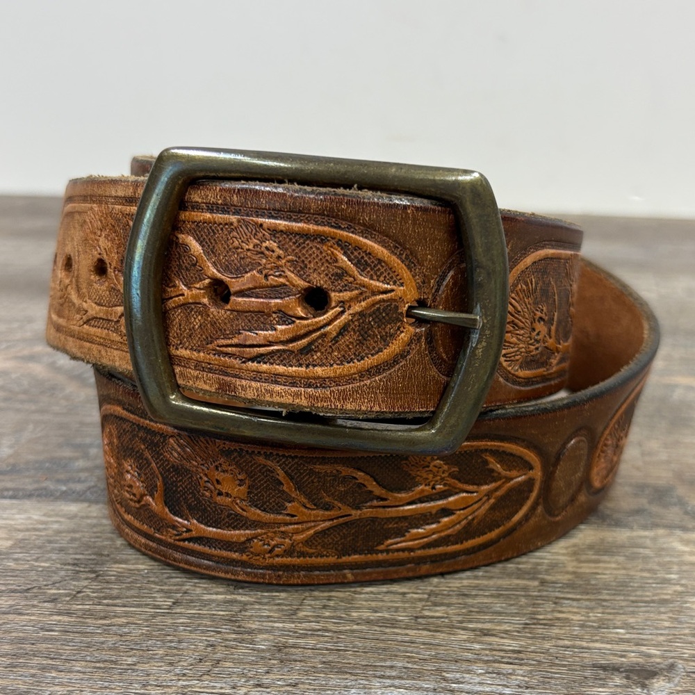 Vintage Tooled Leather Western Belt Brown Brass Buckle Size 36-38
